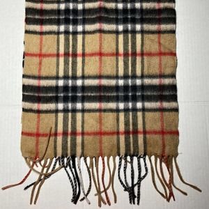 Lochmere Camel Thomson Tan Nova Check Plaid 100% Cashmere Fringed Scarf
